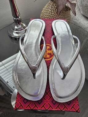 Tory Burch Silver Metallic Logo Thong Sandals